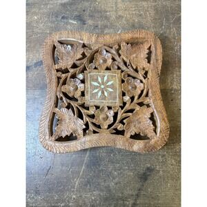 Vintage Wooden Carved Trivet  Leaves And Flowers. India #284 Footed